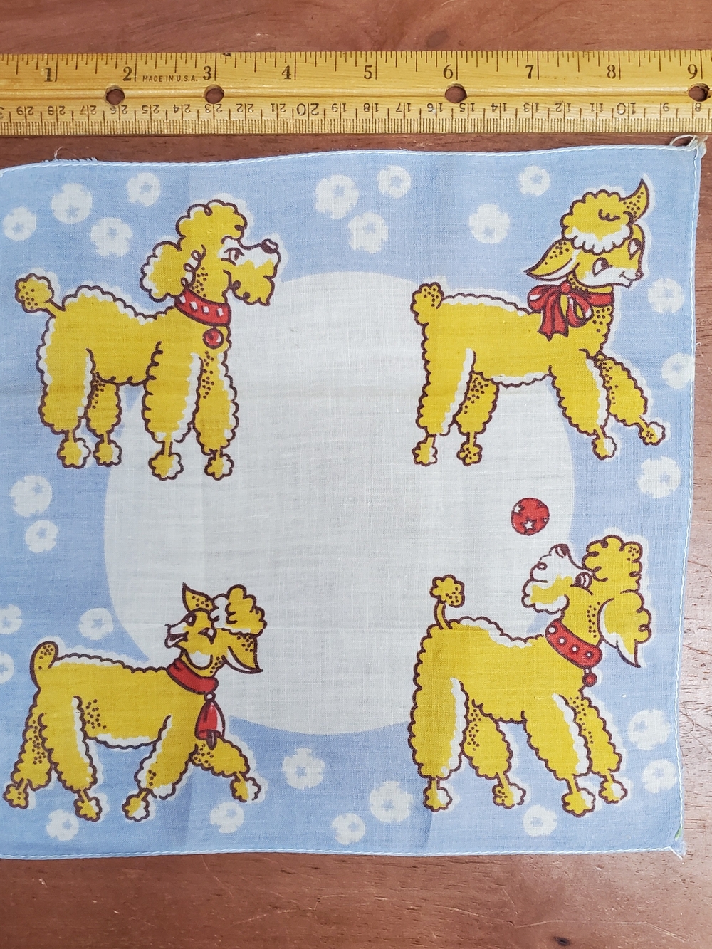 Vintage Children's Handkerchief Blue & Yellow Poodle Print Dog